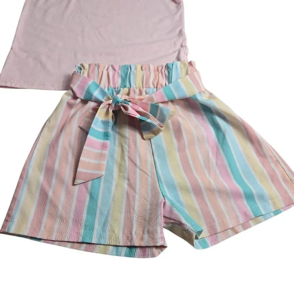 Pink shirt with striped shorts Matching outfit 130 5/6
